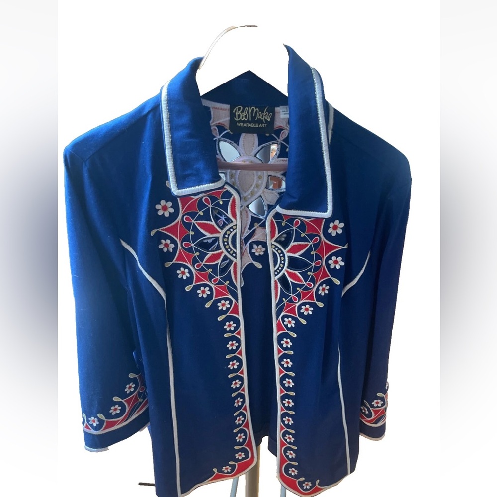 Bob Mackie Wearable Art Royal Blue Embroidered Vintage Zip Up Jacket Size L
